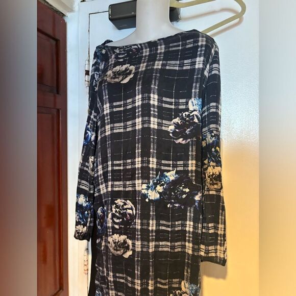 120% Lino floral plaid Shirt Dress long sleeve classy striped box square design - Picture 1 of 8